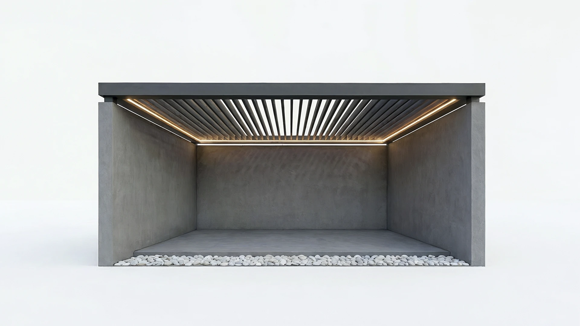 Pérgola flotante anclada a muros existentes