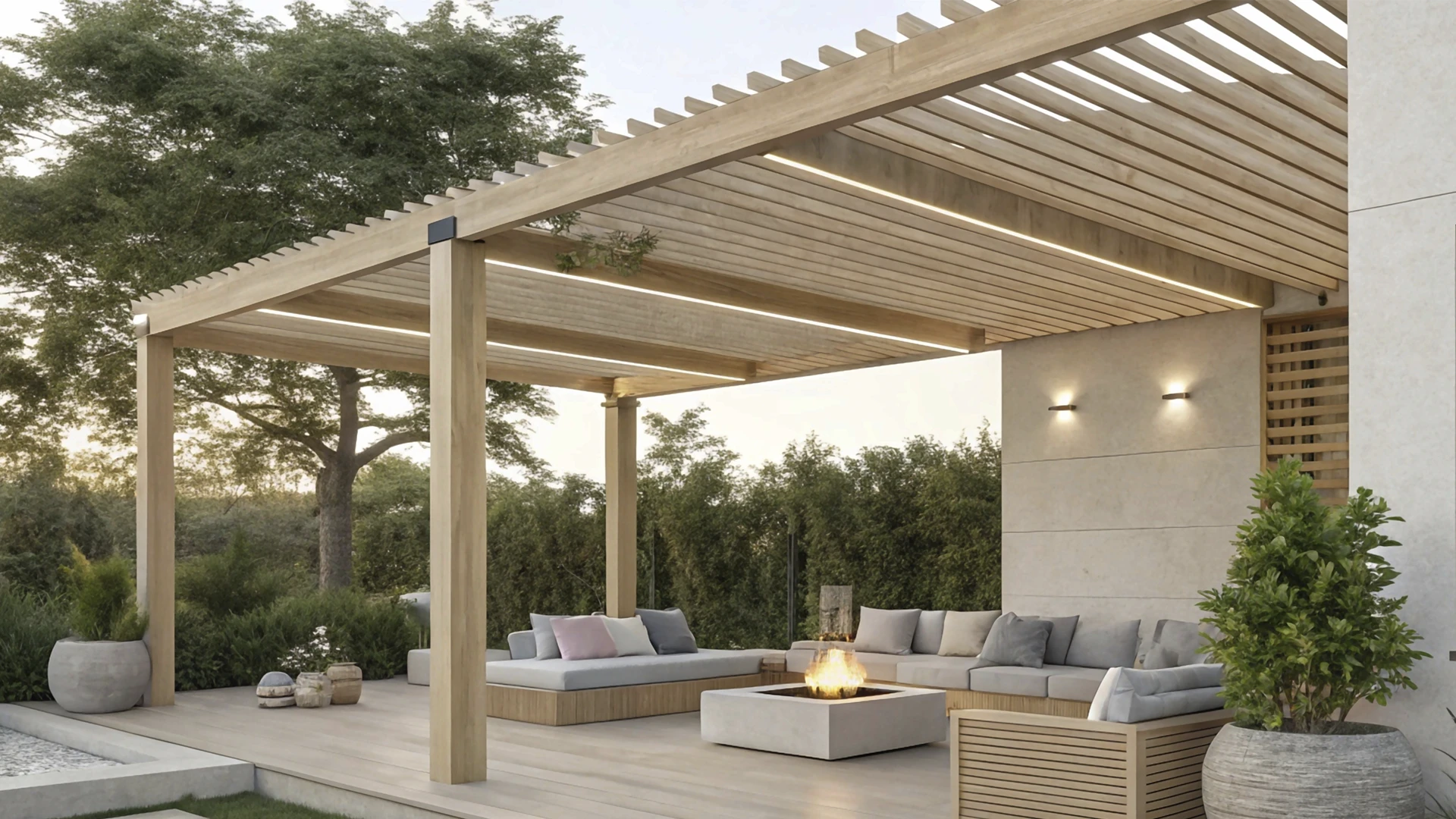 Techumbre tradicional de madera sobre una terraza con living exterior