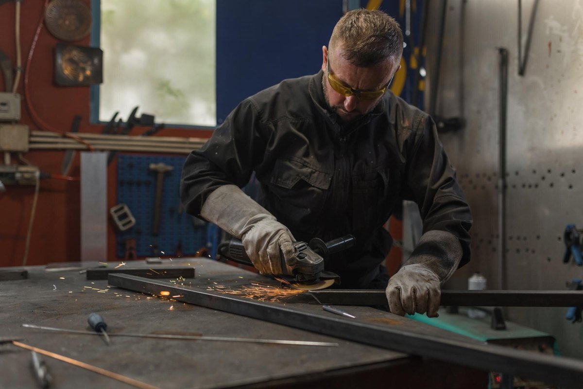 Operario trabajando una pieza de metal en un taller de fabricación